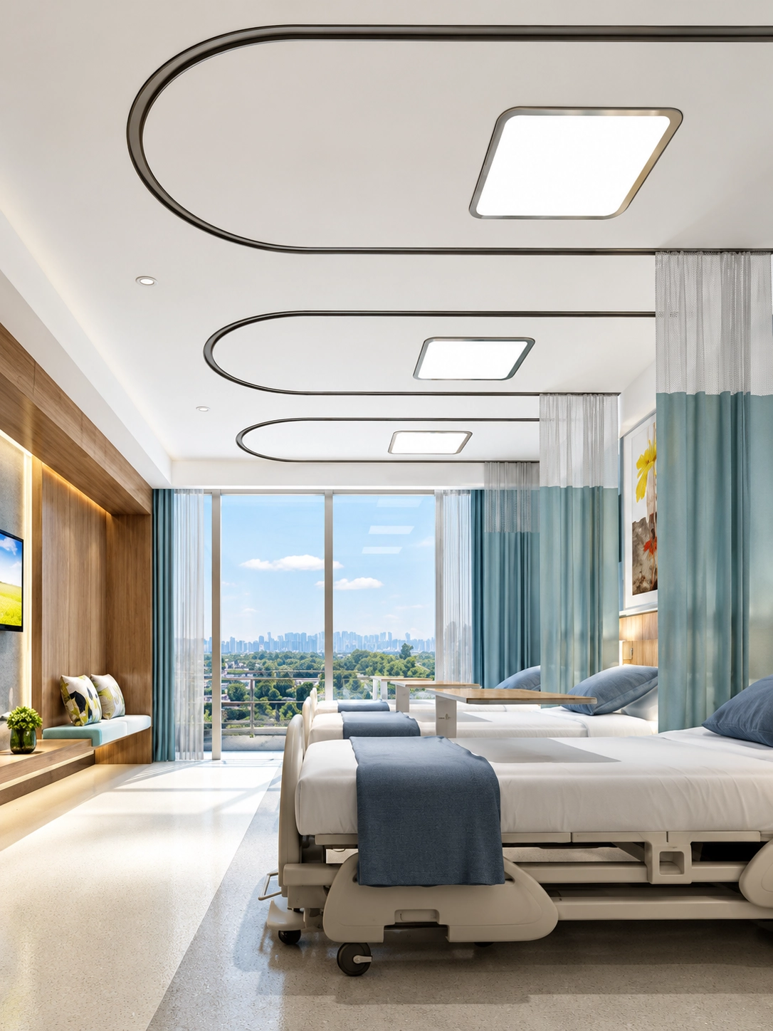 Hospital ward with three beds, blue privacy curtains, wood-paneled walls and large windows