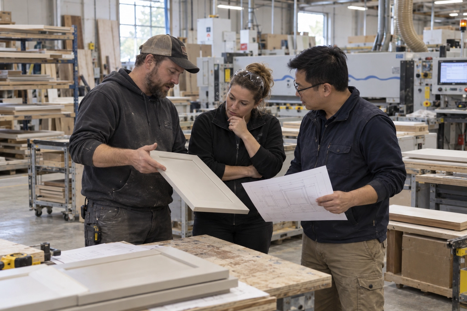 Three people examining a cream-colored cabinet door alongside a technical drawing in a workshop