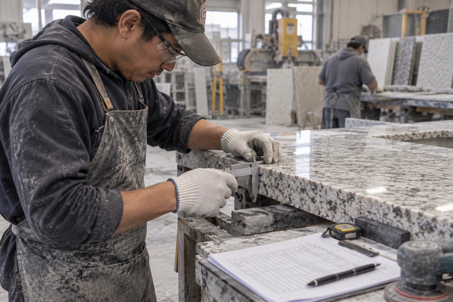 Worker using calipers to measure the thickness of a polished, speckled stone slab in a factory