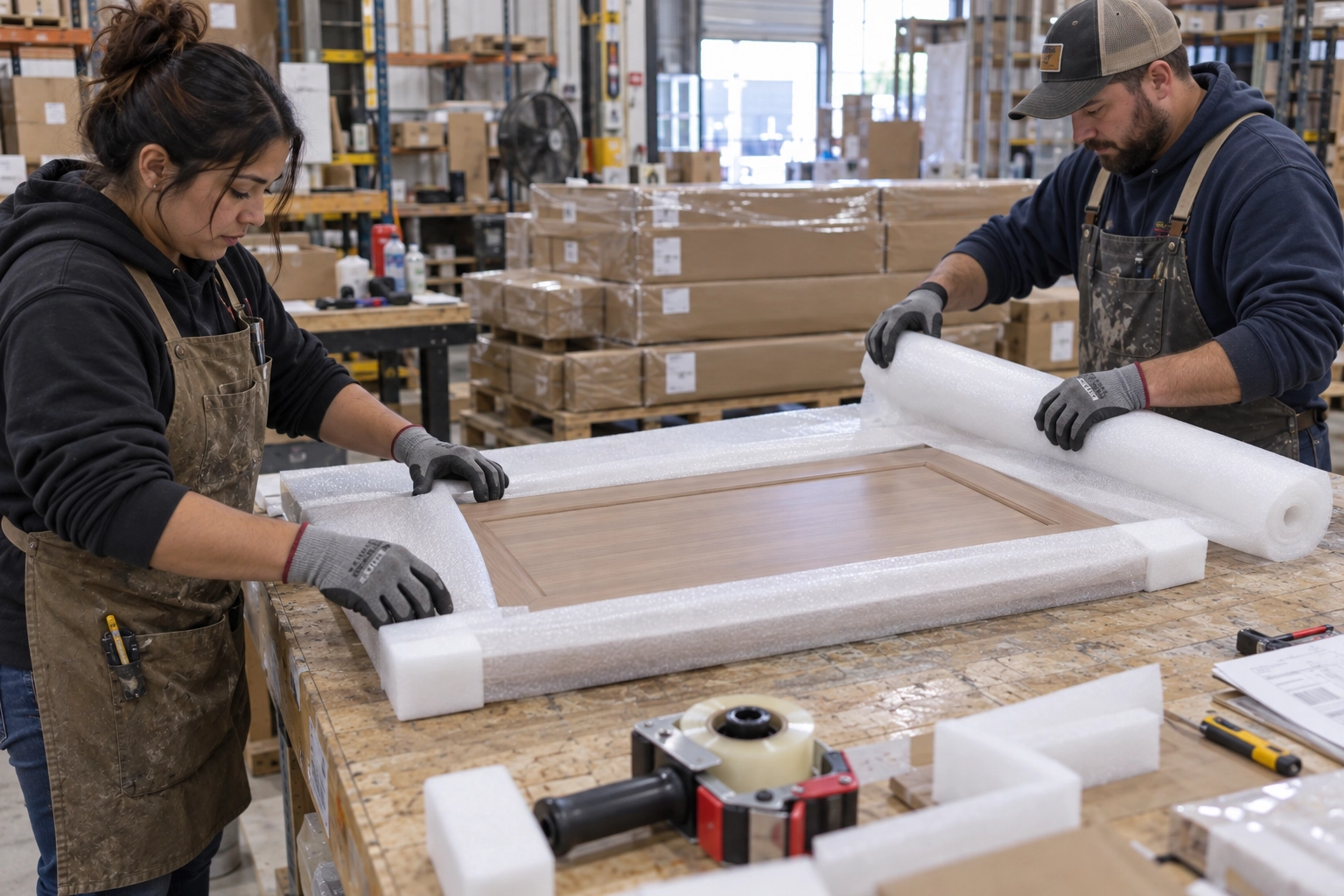 Two workers wrapping a wood-grain cabinet door with white foam sheets and protective foam blocks