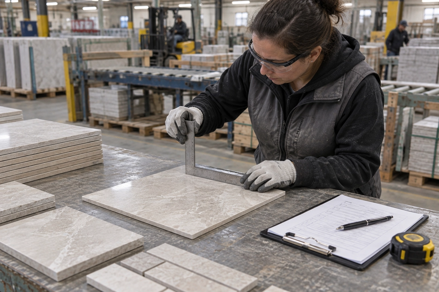 Worker wearing safety glasses checking a beige veined tile with a metal square at a factory workbench