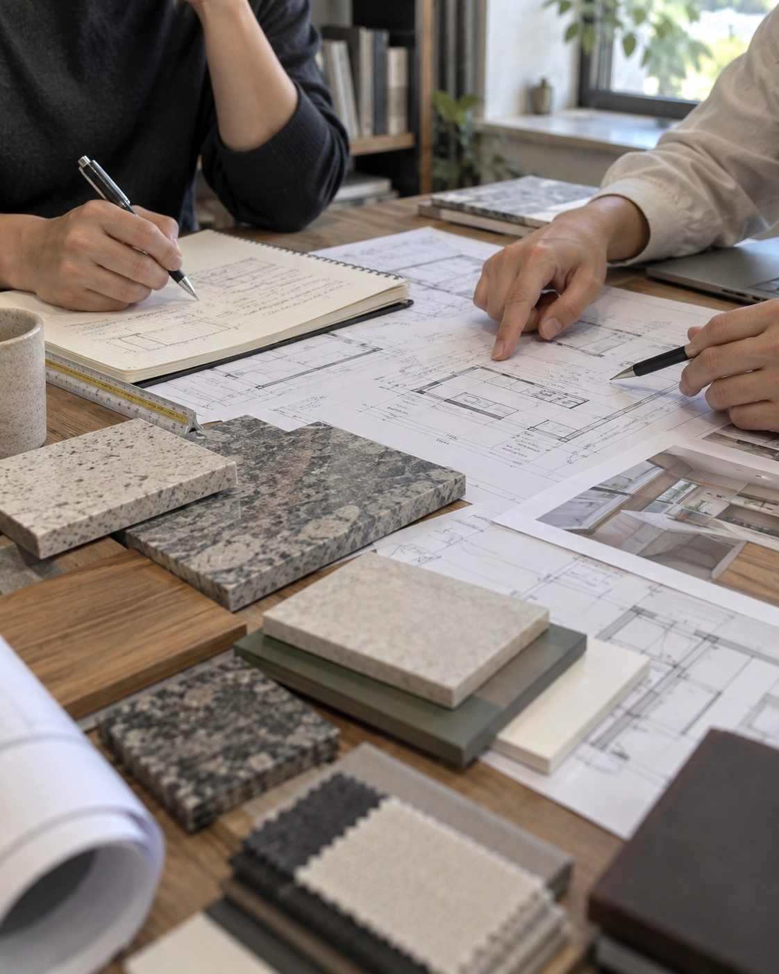 Two people reviewing a floor plan beside veined and speckled surface samples, a wood-grain panel and fabric swatches