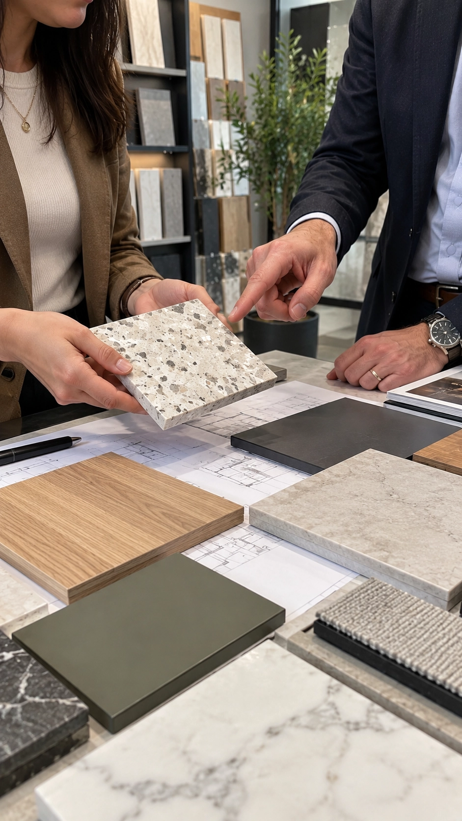 Two people examining a speckled surface sample above floor plans, wood-grain panels and fabric swatches