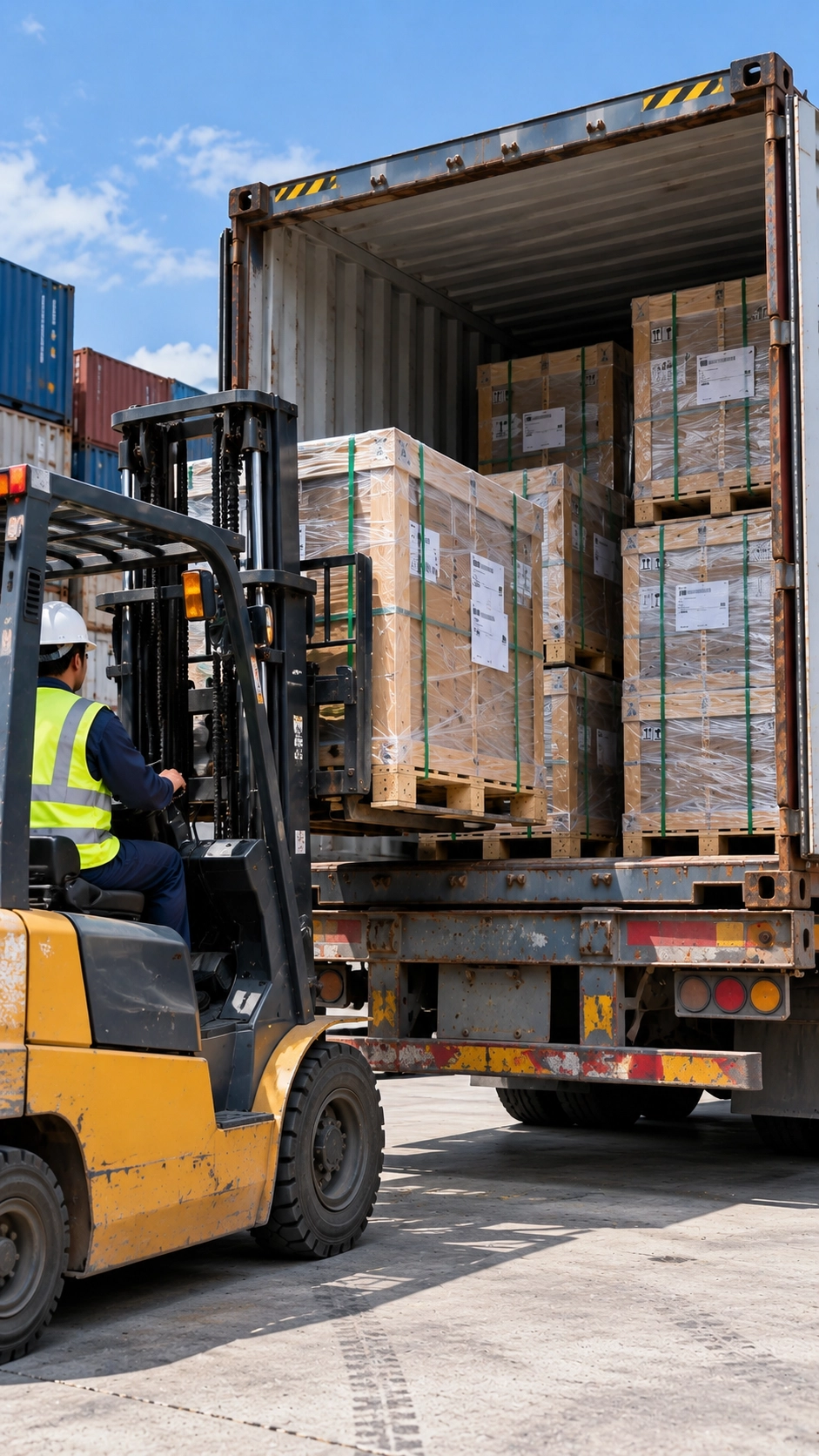 Forklift loading wrapped wooden crates secured with green straps into a shipping container
