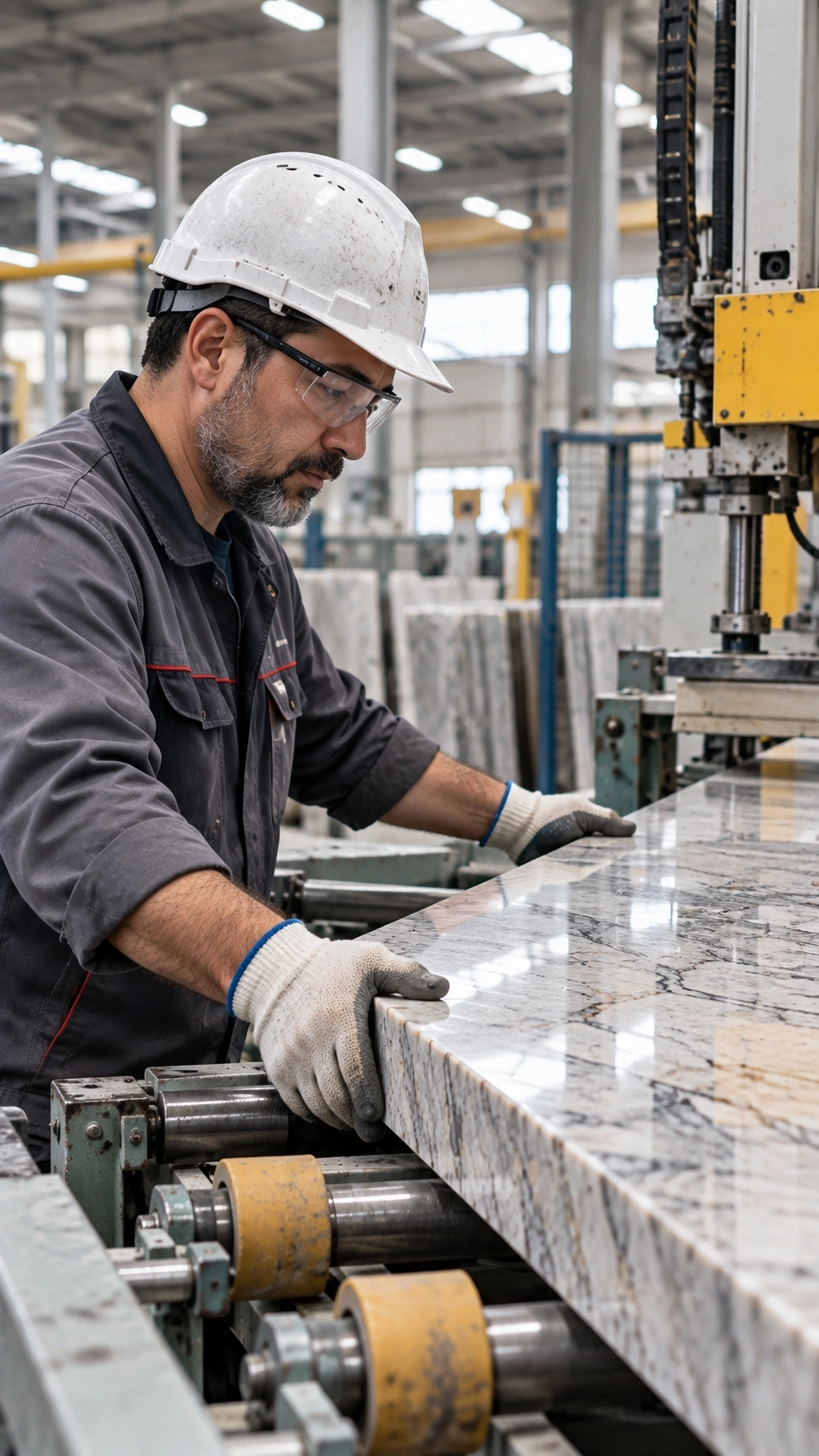 Worker in a hard hat and safety glasses handling a polished, veined stone slab on factory rollers