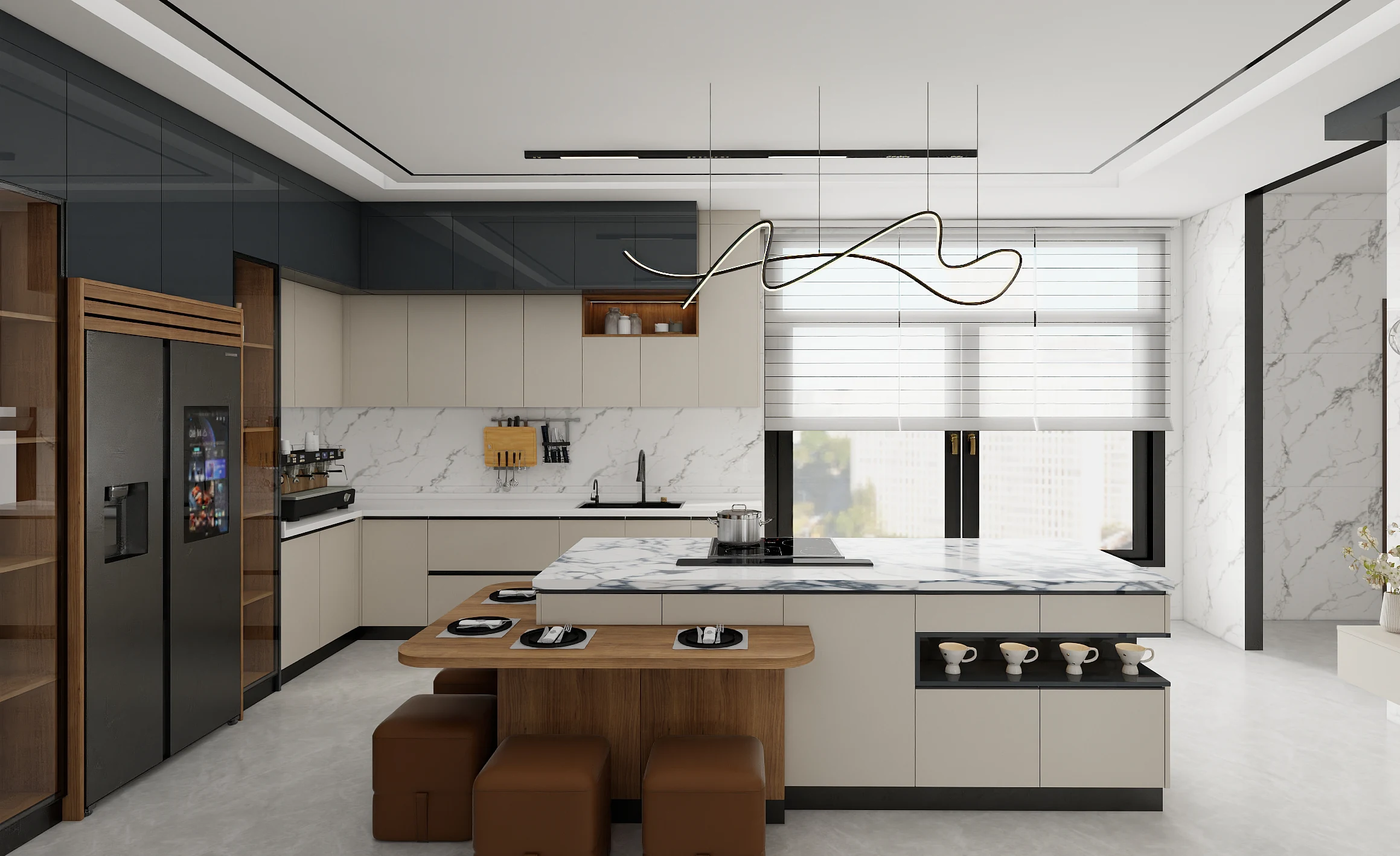Modern kitchen with an island, tall appliance units and a continuous cabinet run