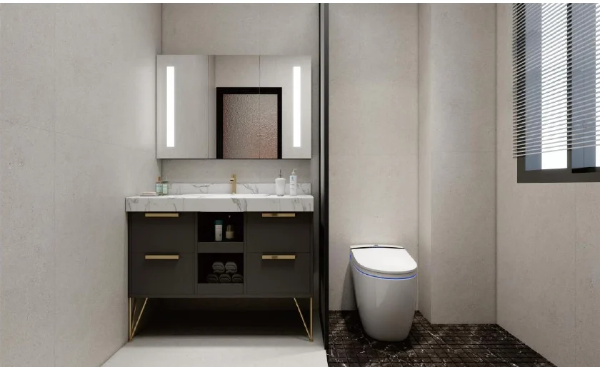 Bathroom catalogue scene with large pale wall tiles and dark small-format floor tiles