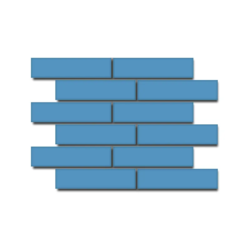 Blue rectangular ceramic wall tiles arranged in a staggered pattern