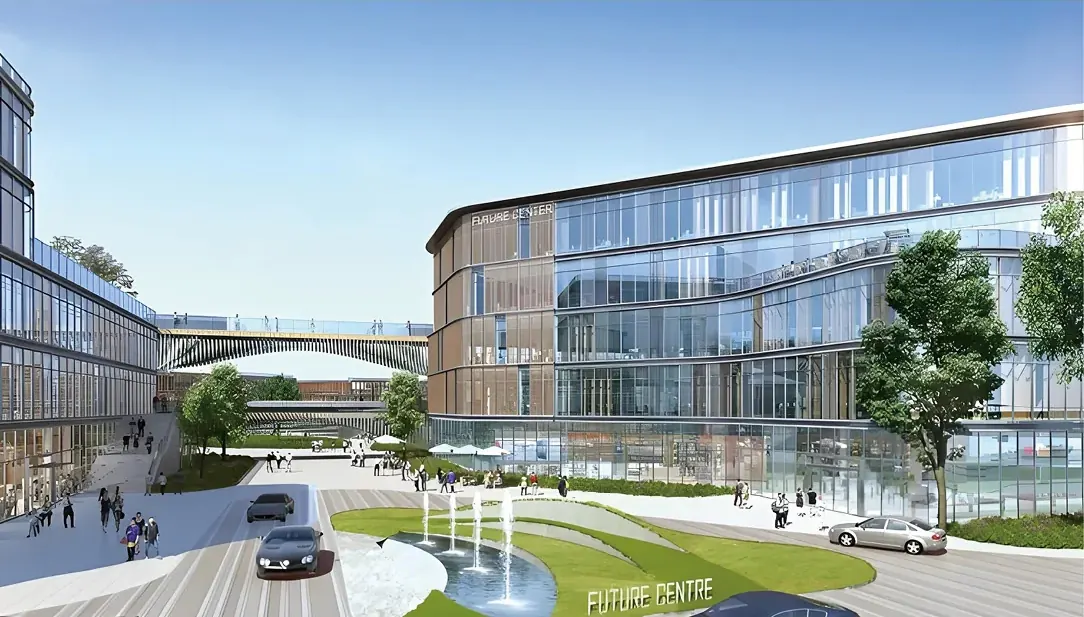 Architectural rendering of a multi-storey building with a glass curtain-wall facade