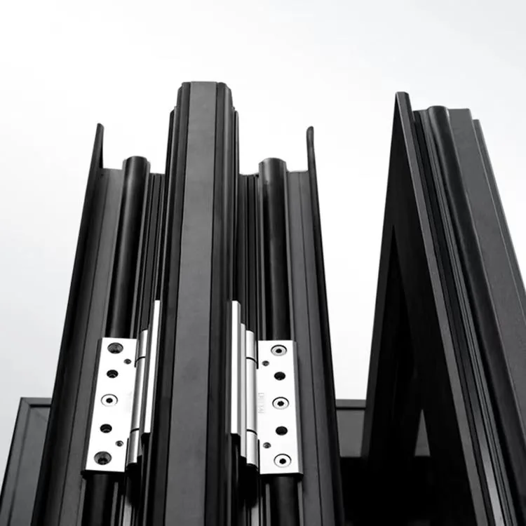 Close-up of dark folding-door profiles joined by metal hinges