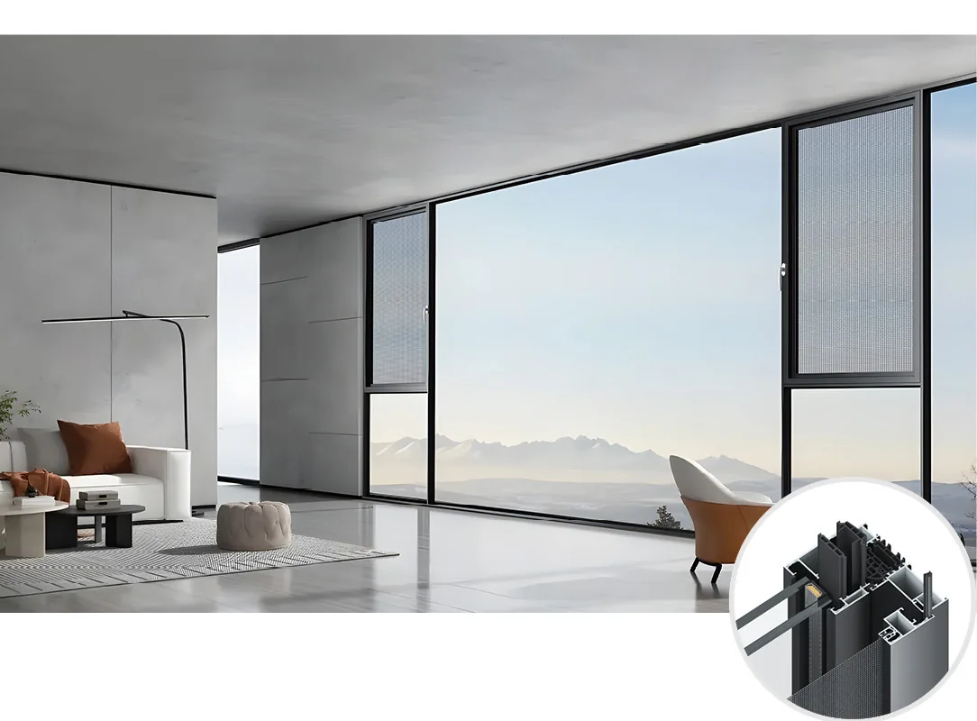 Wide fixed-glass window with a narrow opening sash in a living room