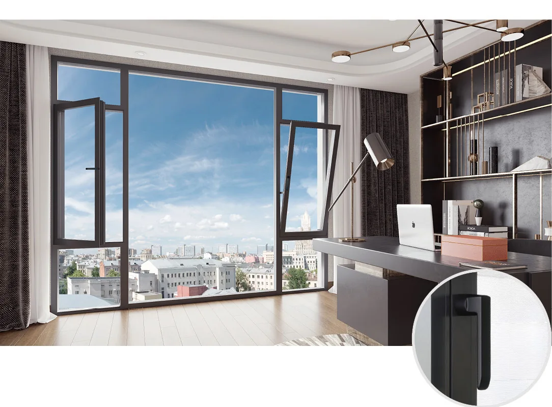 Black-framed window showing tilted and side-opening sash positions