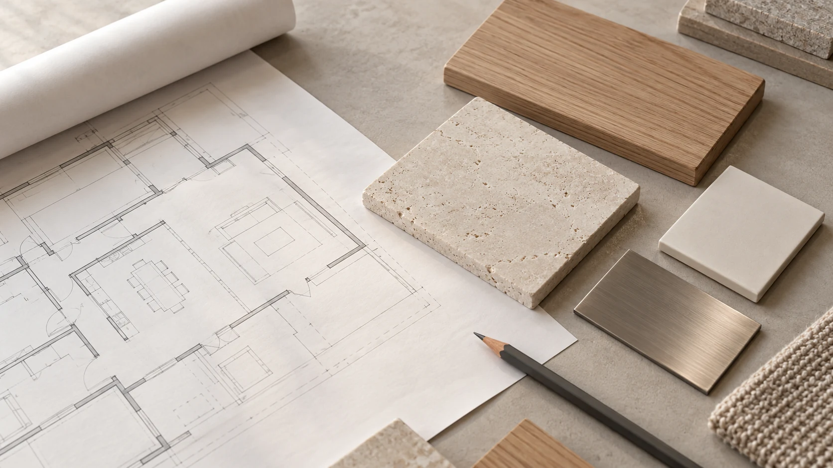 Architectural plan with stone, oak, ceramic and metal material samples on a worktable