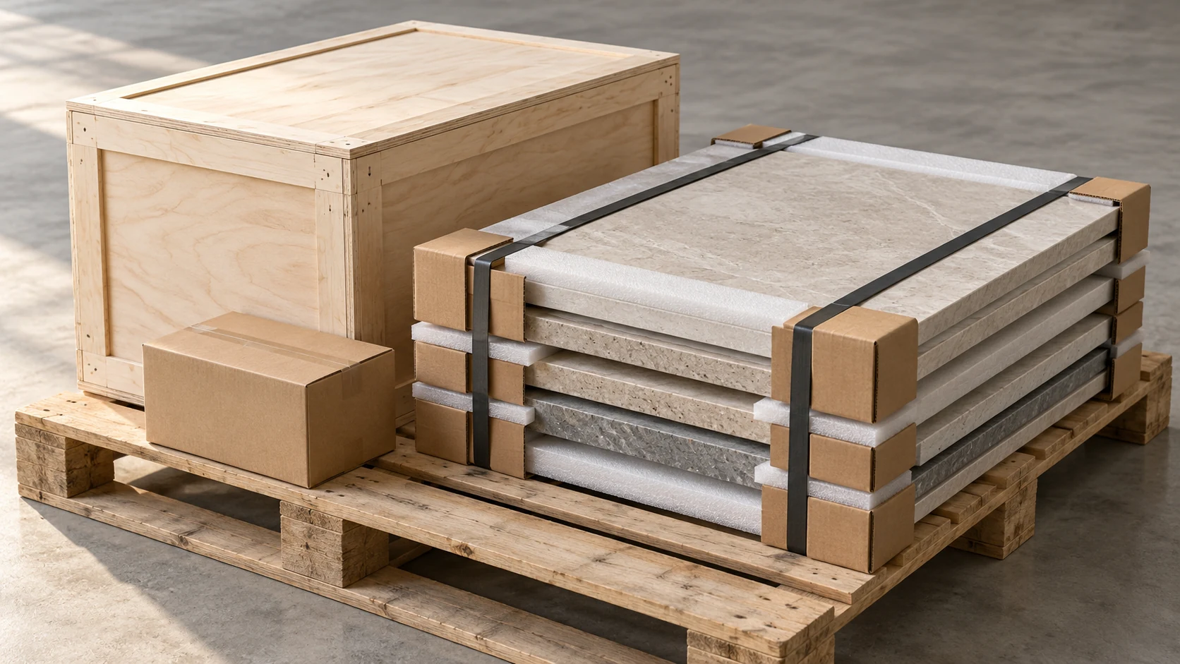 Wooden shipping crate and stacked material panels with protective packaging and straps