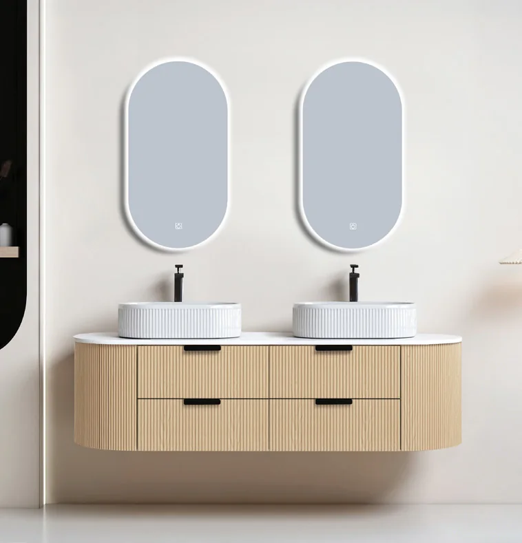 Double vanity arrangement with two basins and two vertical mirrors