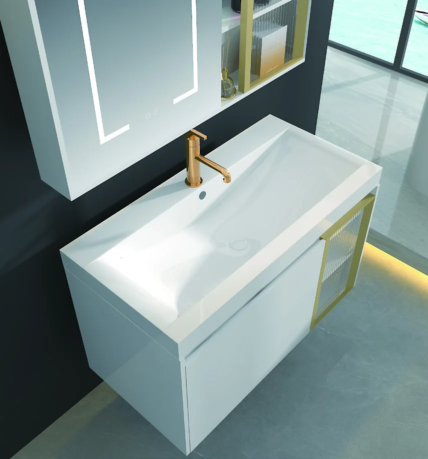 White integrated basin and counter viewed from above