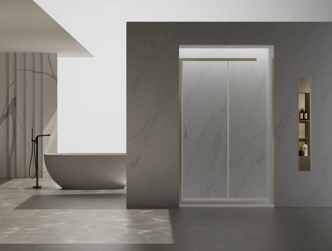 Framed sliding shower enclosure beside a freestanding bath