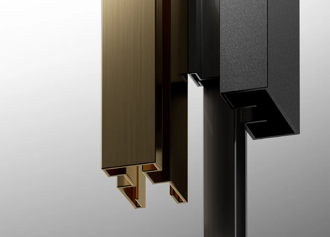 Close view of shower glass hinges and a handle
