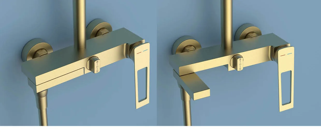 Two gold-coloured wall-mounted shower controls in the tapware catalogue