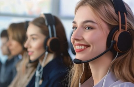 Three customer support agents wearing headsets with microphones
