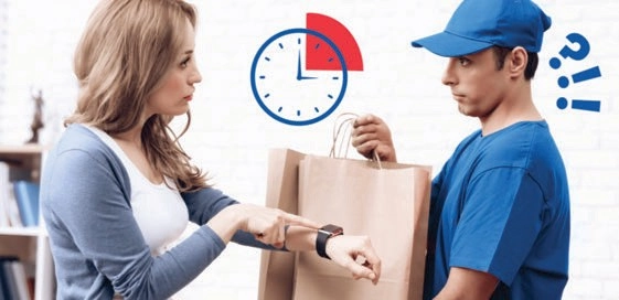 Woman pointing to her wristwatch beside a courier holding a bag, with clock and question-mark graphics