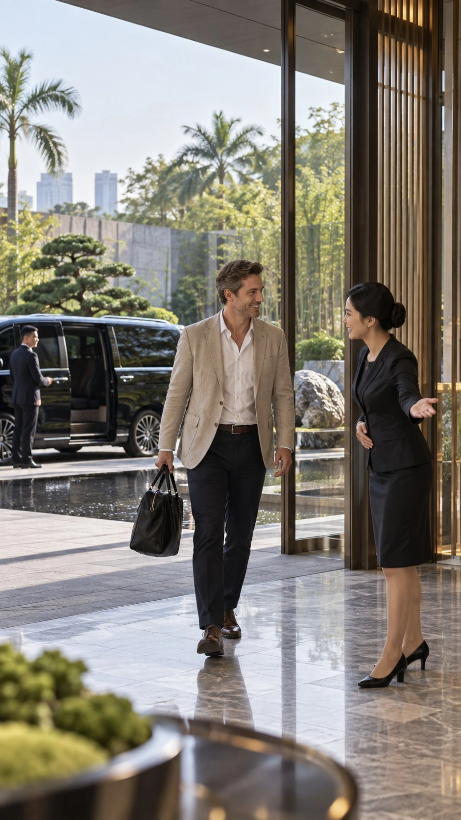 Woman gesturing toward a showroom entrance as a man carrying a bag walks through the doorway