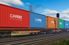 Freight train carrying red, blue, orange and green shipping containers on railway tracks