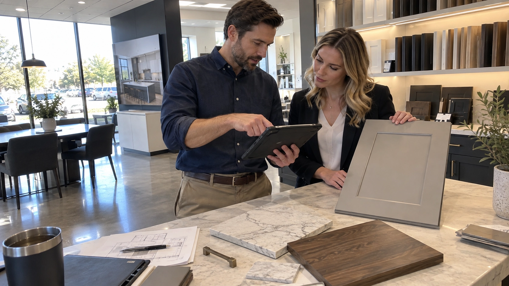 Two people reviewing a tablet beside a gray cabinet door and veined and wood-grain surface samples