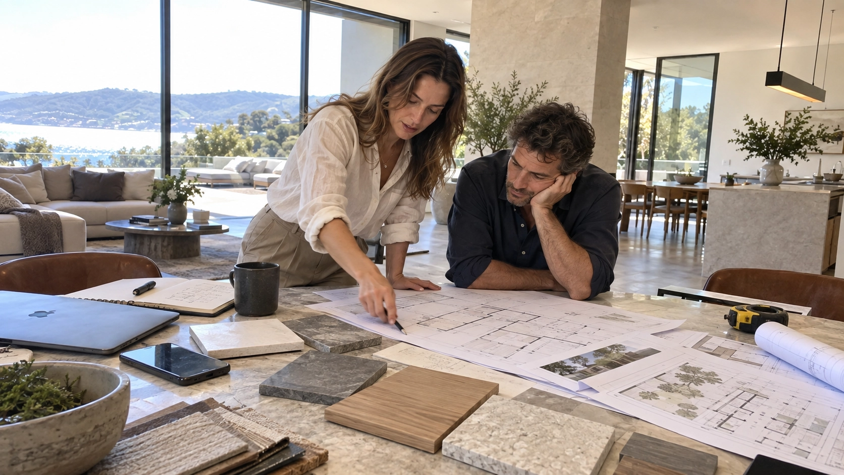 Two people reviewing floor plans at a table with material samples, a laptop and a tape measure