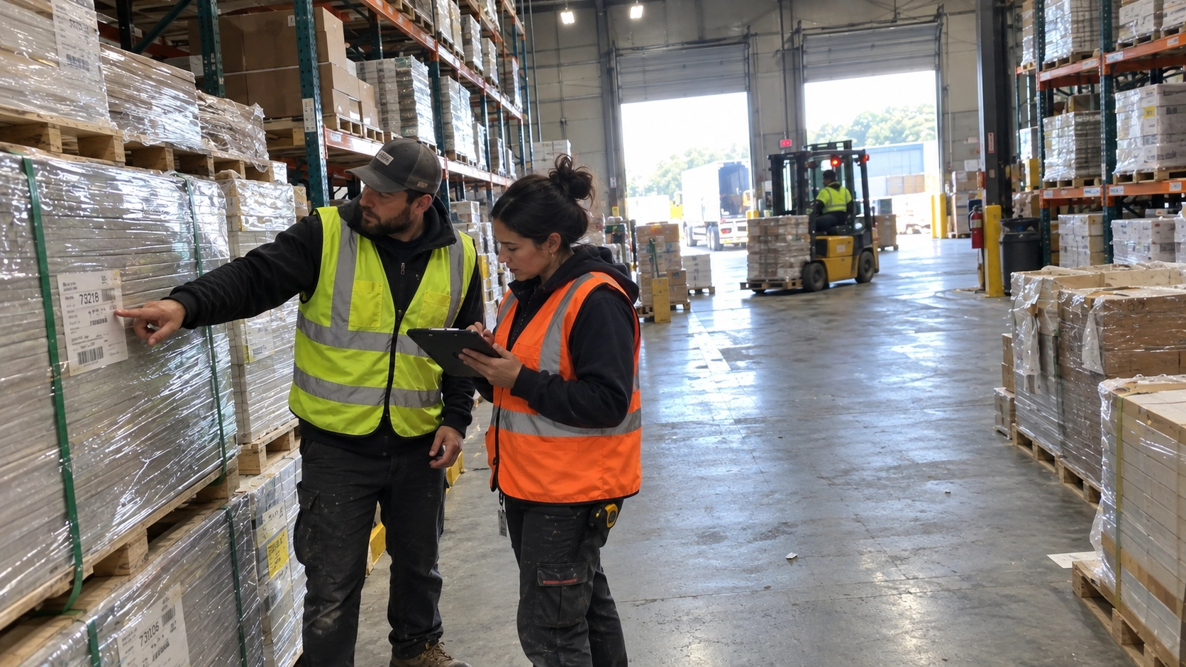 Two workers in reflective vests checking labels on wrapped warehouse pallets with a tablet