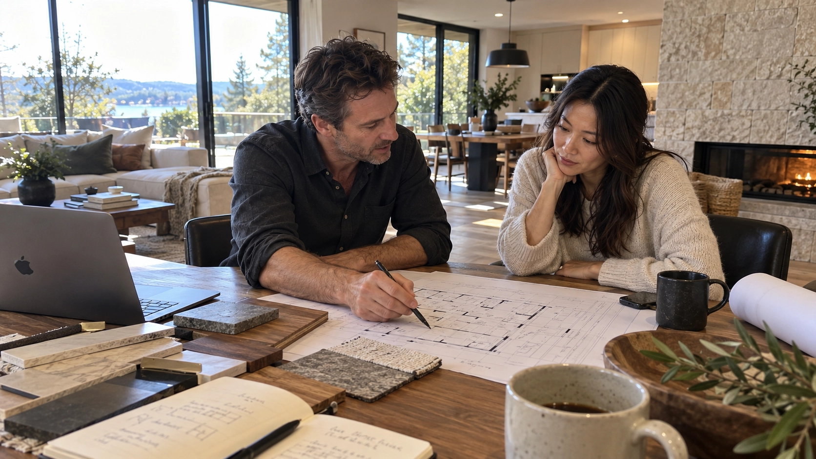 Two people reviewing a floor plan at a table with a laptop, notebook and material samples