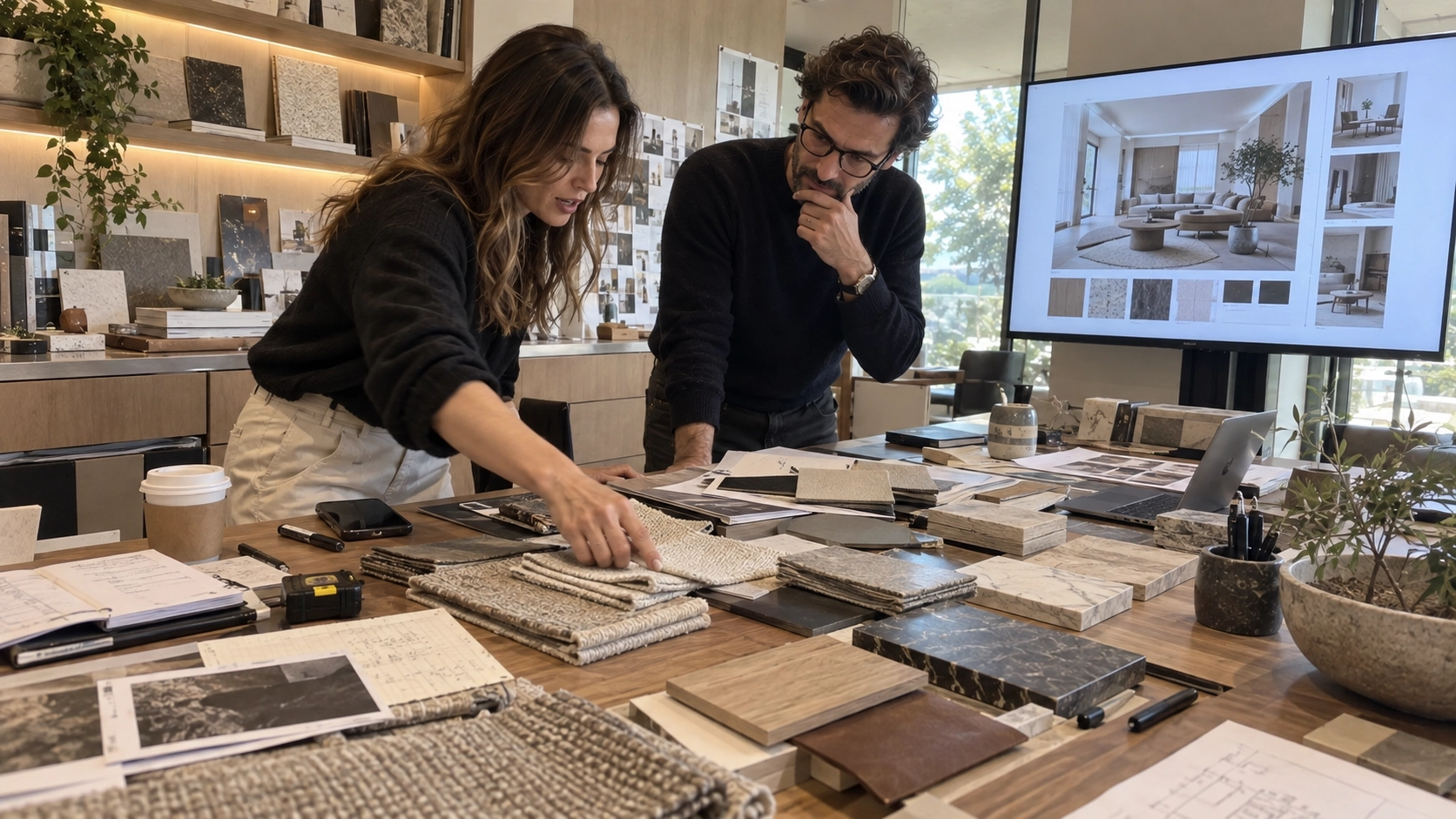 Two people comparing fabric and surface samples beside a monitor displaying an interior rendering
