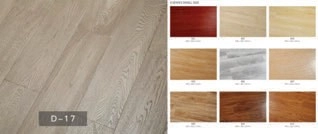 Close-up of a wood-grain surface labeled D-17 beside a grid of wood-grain finish images