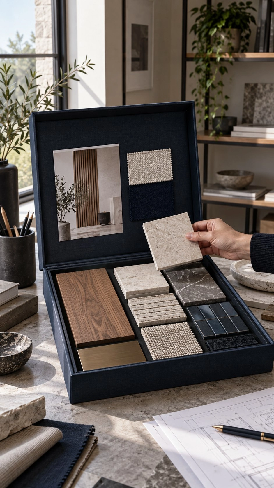 Open dark sample case holding surface panels and fabric swatches, with a hand lifting a beige sample