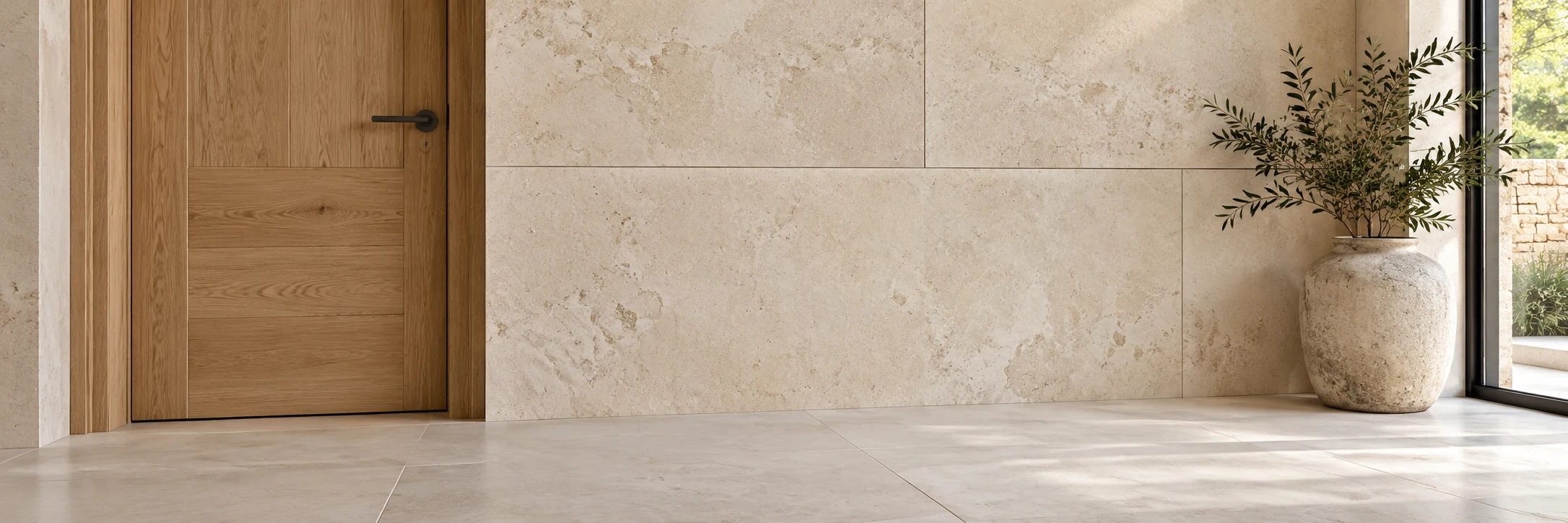 Oak door, pale stone wall panels and tiled floor in a contemporary interior